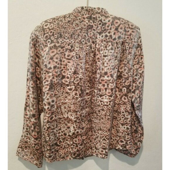 Ruby Rd Women’s Animal Print Pink Ruffle Blouse Top Size 10 Roll Tab Sleeve Gray - Picture 2 of 8